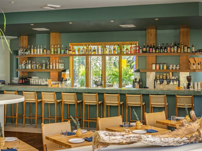 A restaurant bar with green walls, timber shelving and woven bar stools