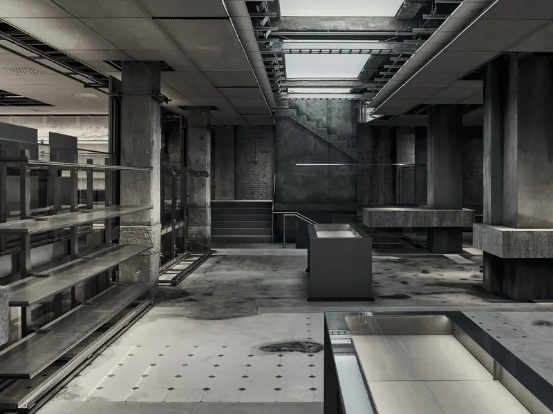 A raw concrete store interior with exposed columns and steel shelving