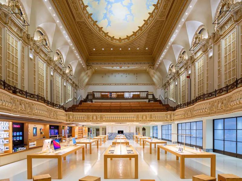 A restored theater auditorium with a painted ceiling, fitted out with long timber display tables