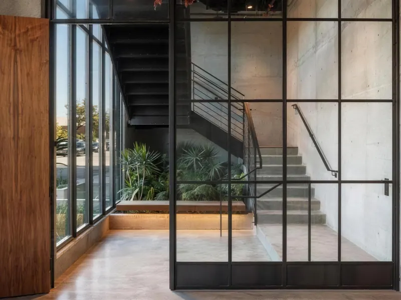 A steel and glass office entry with a stair behind it