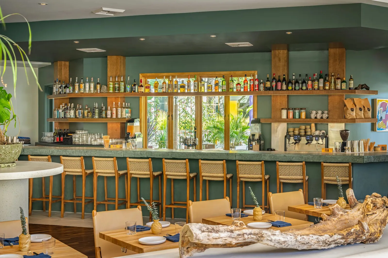 A restaurant bar with green walls, timber shelving and woven bar stools