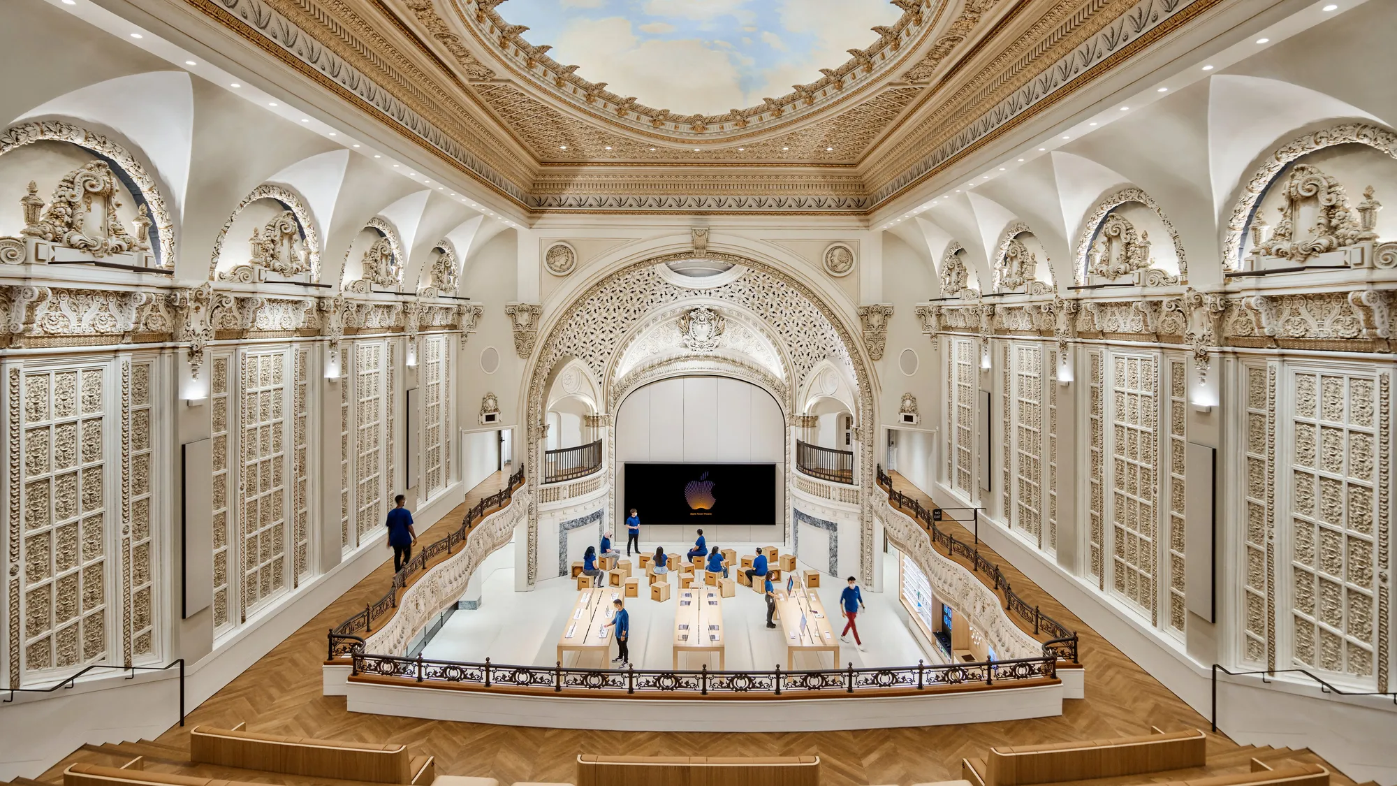 A restored 1927 theatre fitted out as a store, seen from the balcony